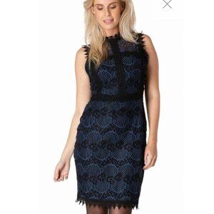 YEST Netherlands NWT crochet black blue peacock high neck fitted midi dress 8